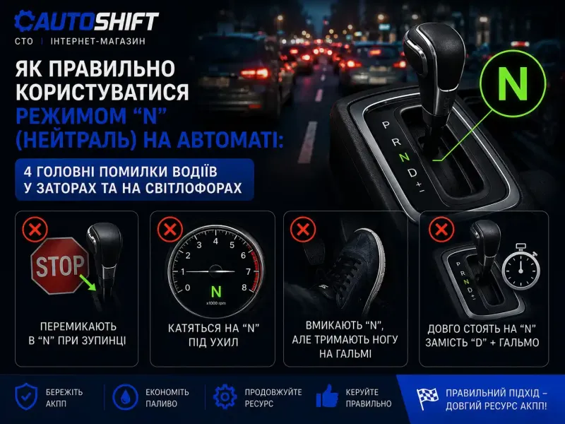 Як правильно користуватися режимом "N" (Нейтраль) на автоматі: 4 головні помилки водіїв у заторах та на світлофорах